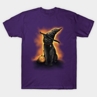 Halloween Cute Black Witch's Cat with Pumpkin T-Shirt